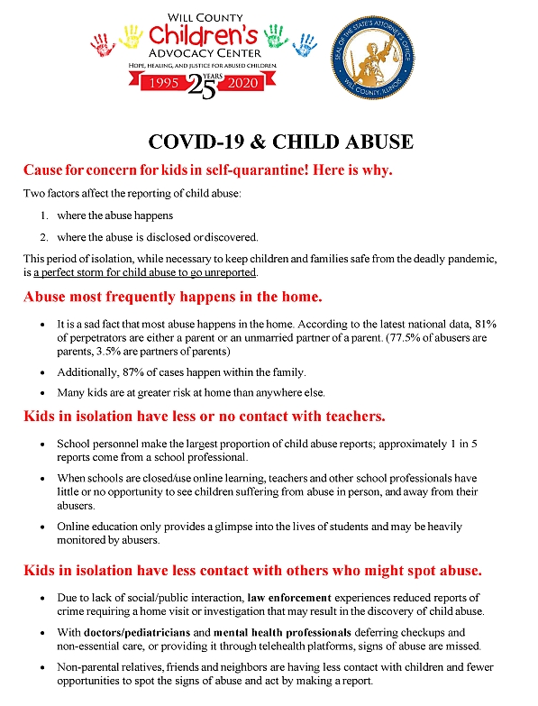 This period of isolation, while necessary to keep children and families safe from the deadly pandemic, is a perfect storm for child abuse to go unreported. <strong>Click above to download a .pdf version.</strong>