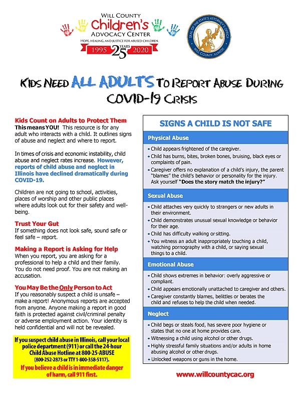 This resource is for any adult who interacts with a child. It outlines signs of abuse and neglect and where to report. 