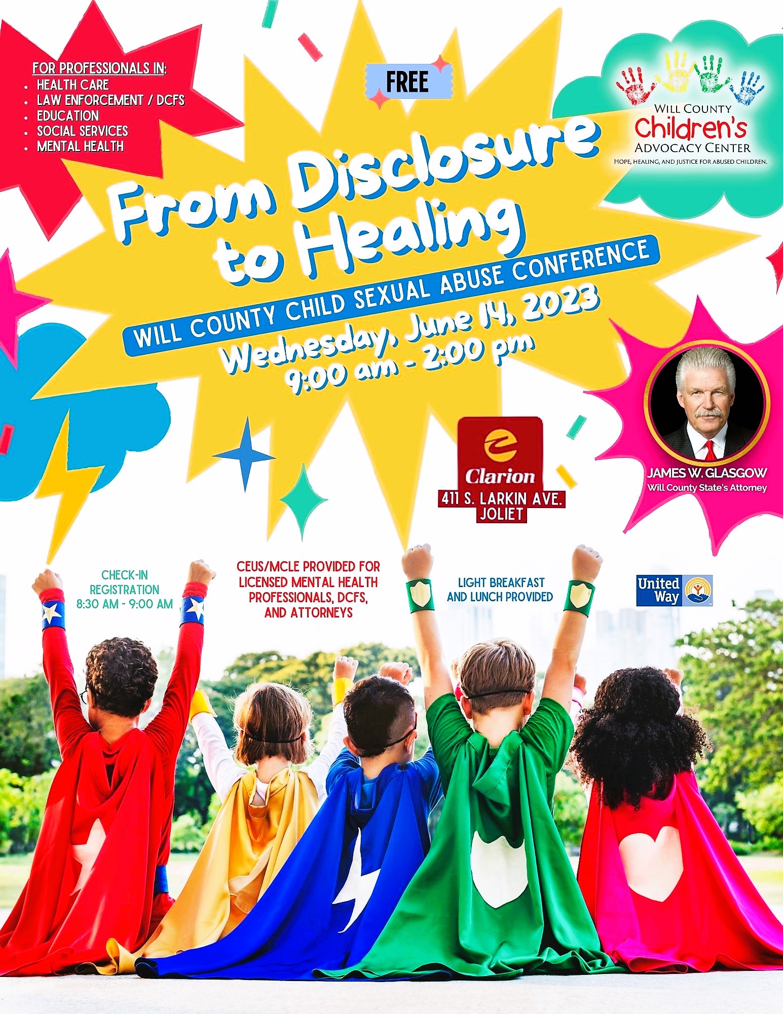 FREE 1-day Will County Child Sexual Abuse Conference for HEALTHCARE, LAW ENFORCEMENT, DCFS, EDUCATION, SOCIAL SERVICES and MENTAL HEALTH professionals! CEU/MCLE credit provided. Download flyer & registration form - https://www.willcountycac.org/wp-content/uploads/2023/05/From-Disclosure-to-Healing-2023-Fill-In-PDF-Form.pdf